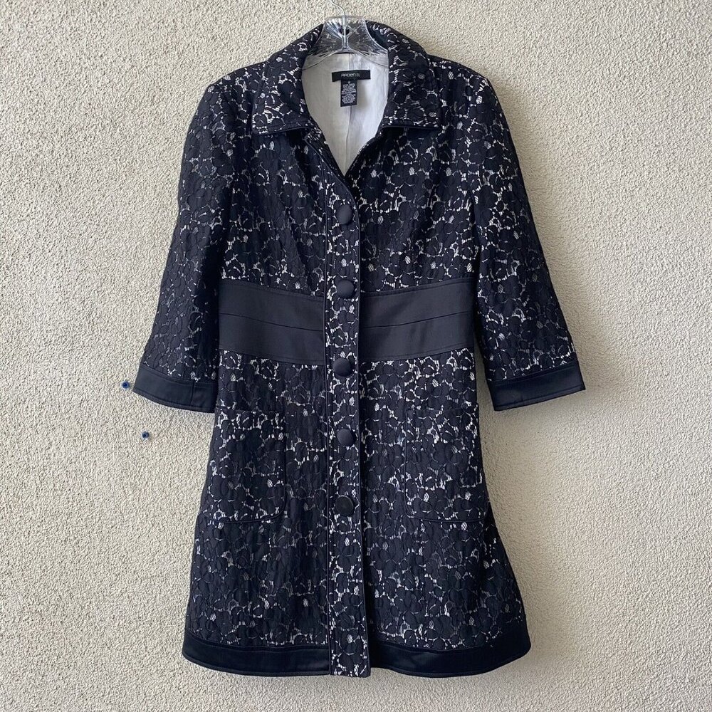 Arden B. Womens Black Floral Long Sleeve Lace Long Jacket Collared Size Small
